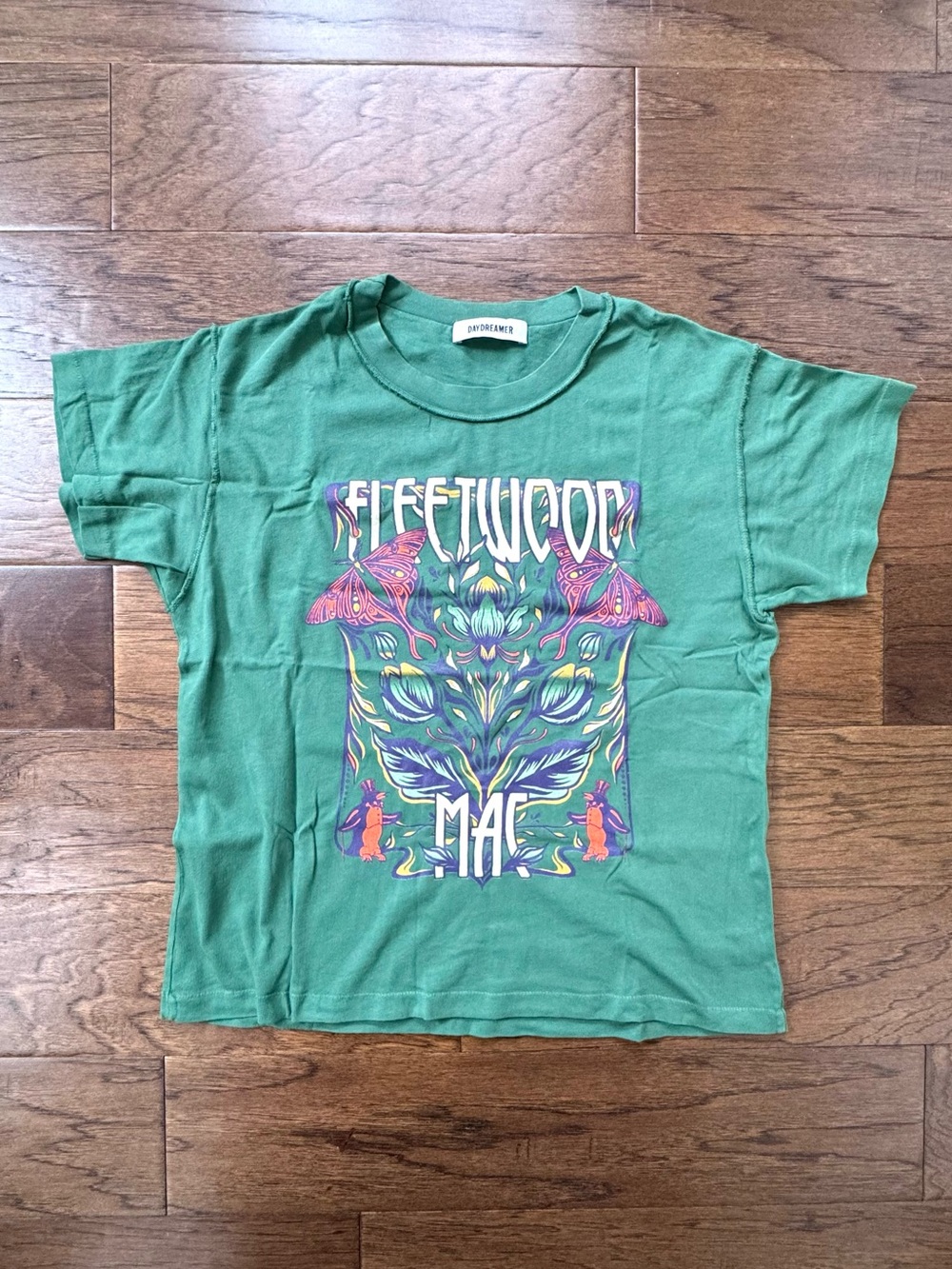 NWOT Daydreamer Fleetwood Mac Butterflies Reverse Graphic Tee Stormy Green